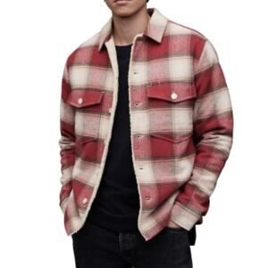 AllSaints Hawkins Sherpa Lined Plaid Jacket Mens Large Relaxed Fit Red Flannel